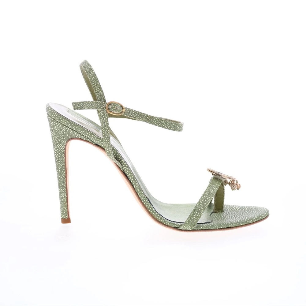 Leather mint green Strappy High Heel Sandals with Embellished Accent.